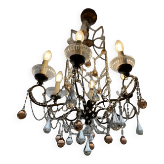 chandelier with 6 candlesticks and pink and transparent pendants