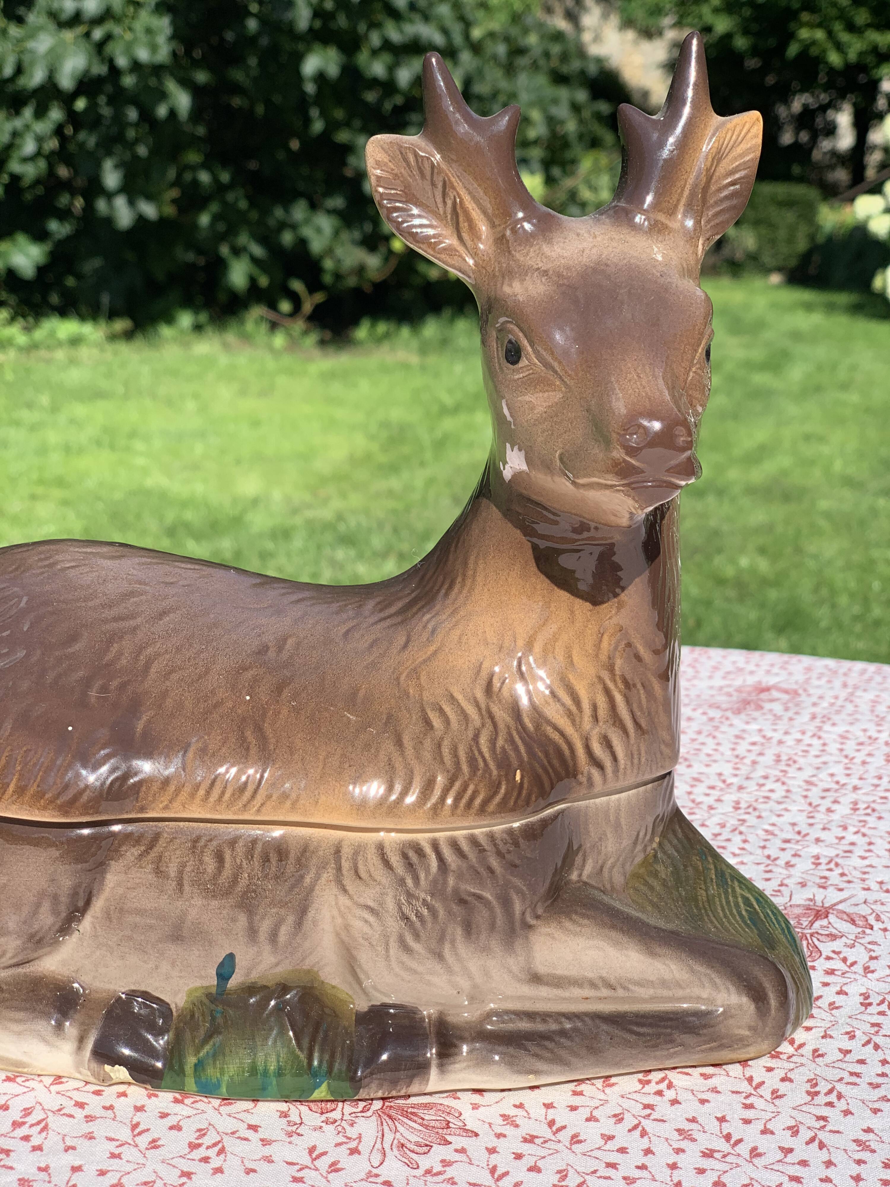 Ancient zoomorphic terrine in the shape of a deer, enamelled earthenware, Caugant