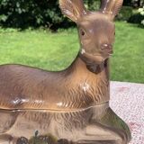 Ancient zoomorphic terrine in the shape of a deer, enamelled earthenware, Caugant