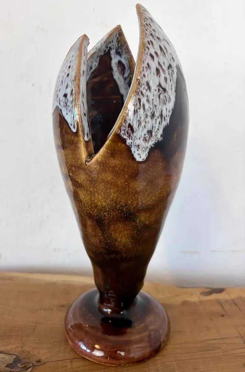 Vintage Mid-Century Modern Studio Pottery Tulip Lotus Bud Pedestal Vase - Earthen Brown & White Glaze