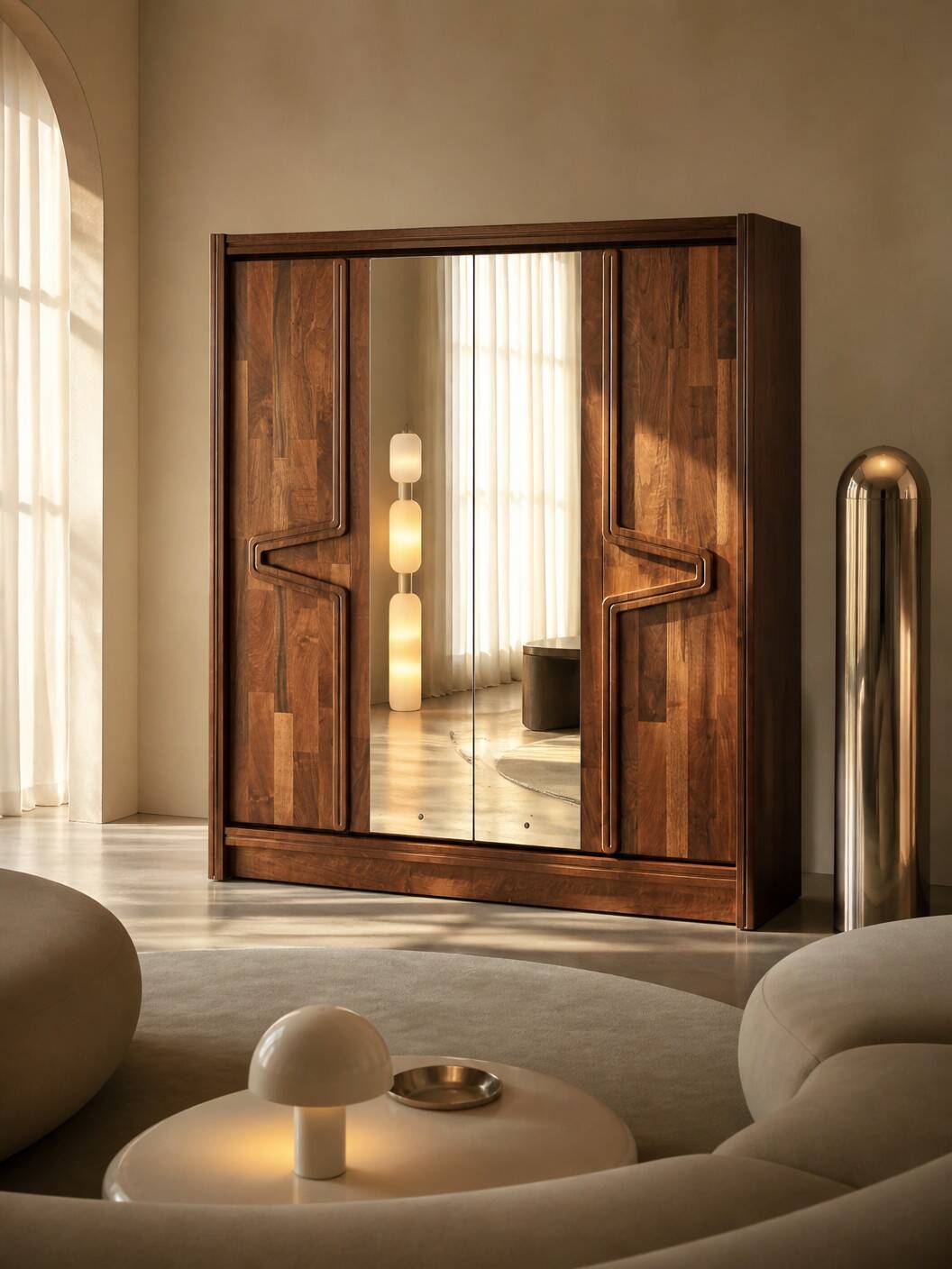 Modernist mahogany wardrobe with smoked mirrors (late 1970s)