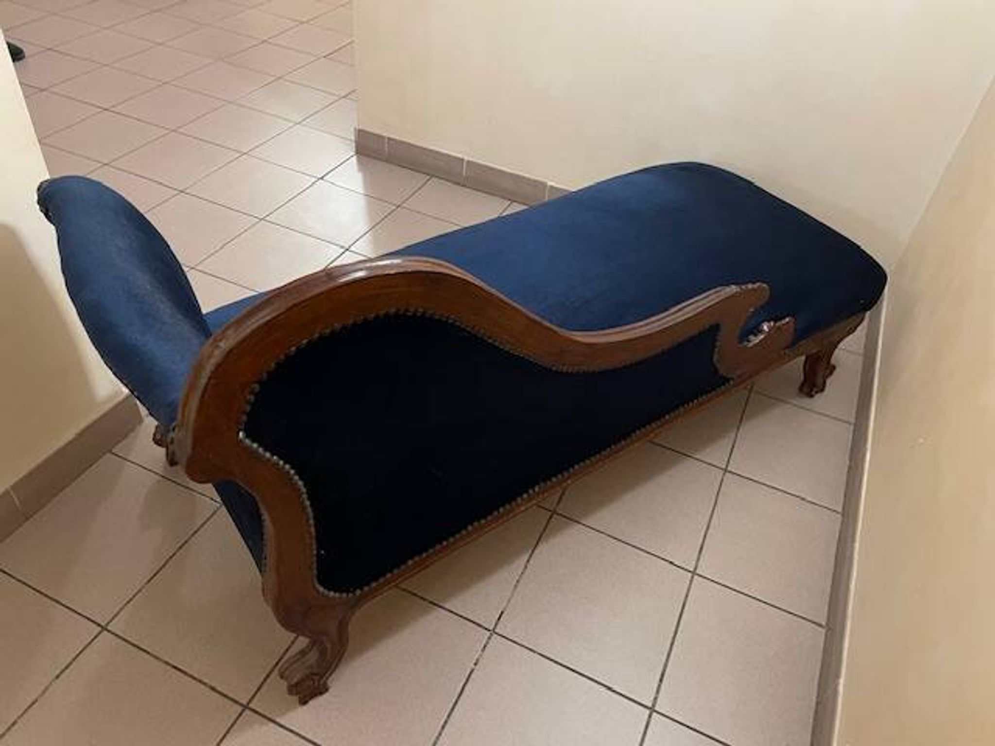 Mahogany and blue velvet daybed