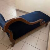 Chaise Longue Meridienne Right Side Mahogany Wood & Blue Velvet
