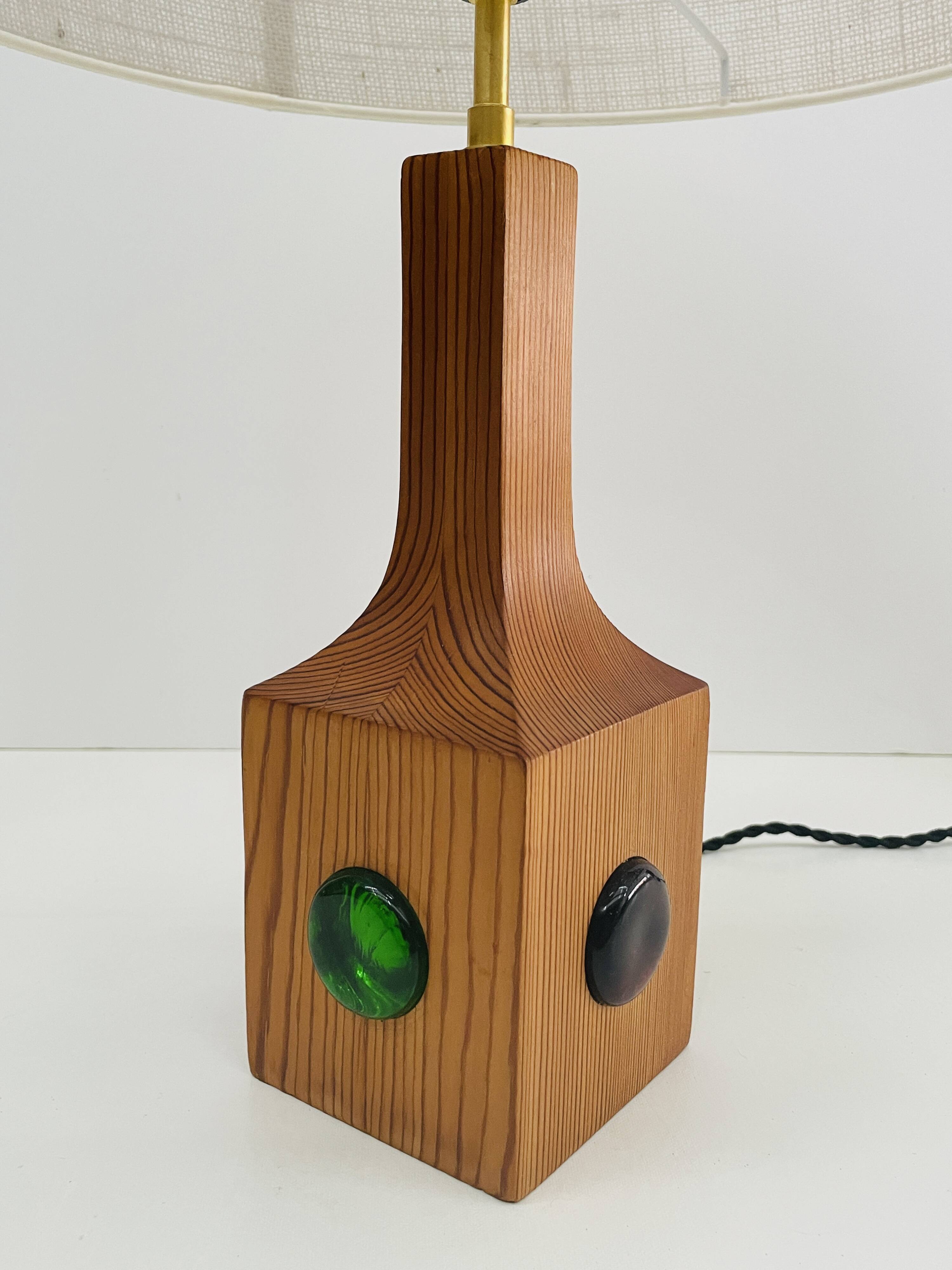 Swedish wooden lamp with glass paste cabochons, 1960s-70s