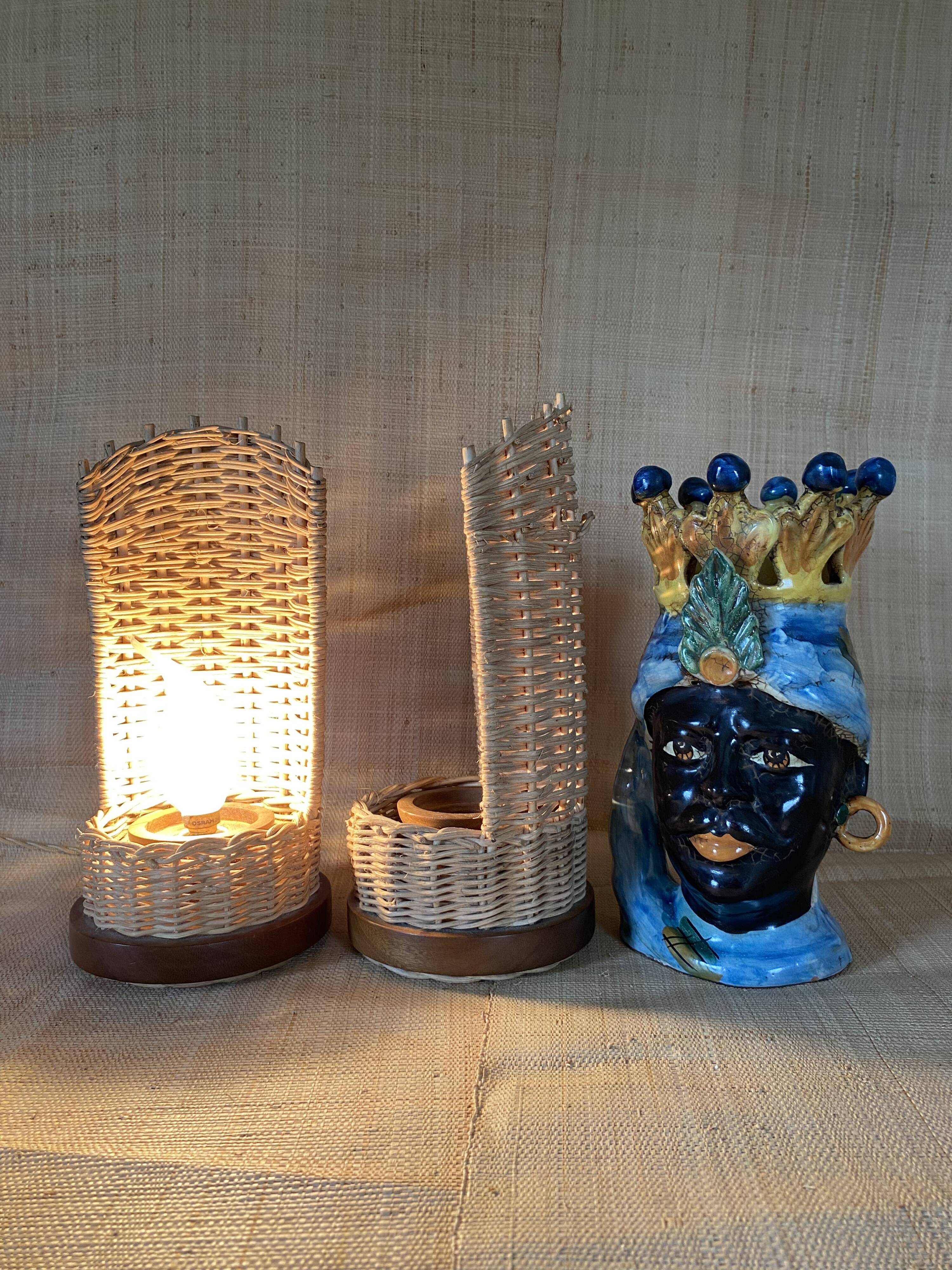 Duo de lampes rotin, câbles tissu neuf 2x2M