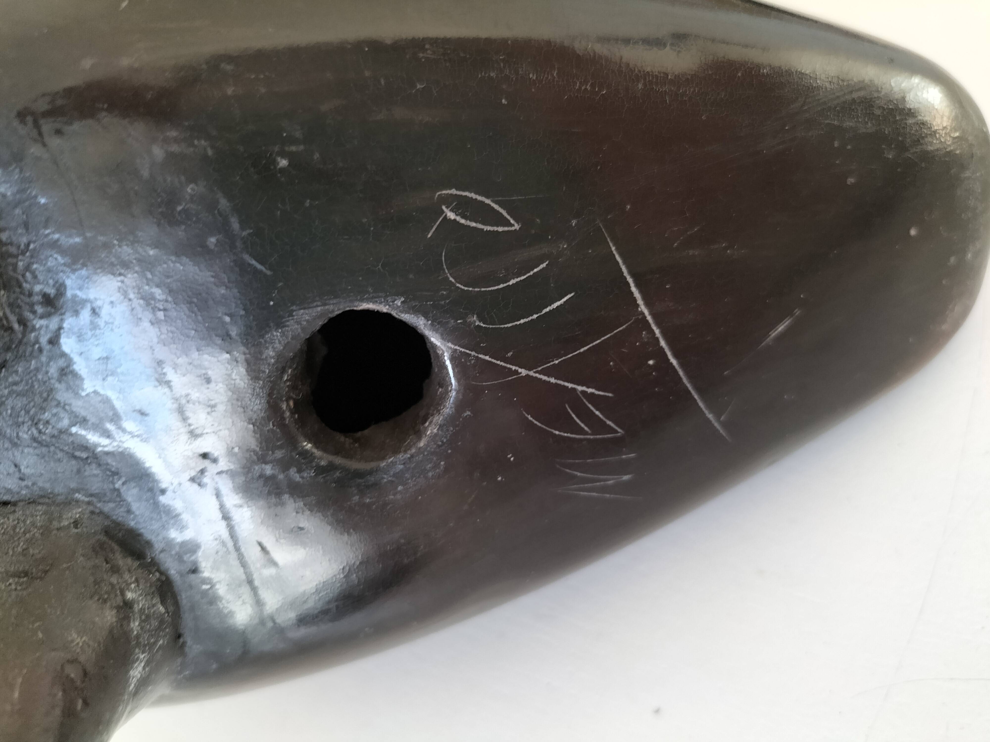 Engraved black ceramic owl signed Mexico