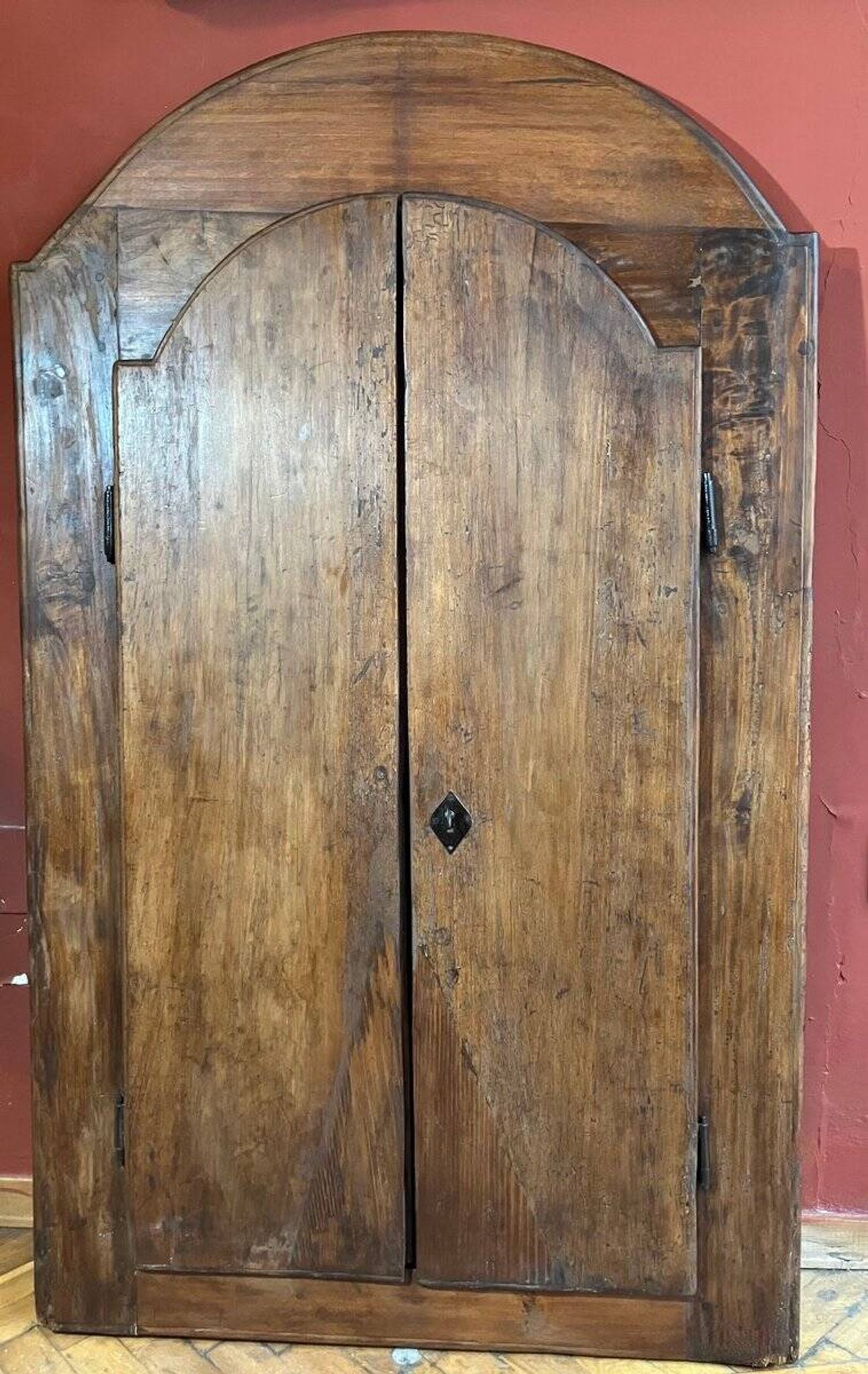 Antique Rustic Tuscan Window in Chestnut with Original Wrought Iron Hardware, 1800s