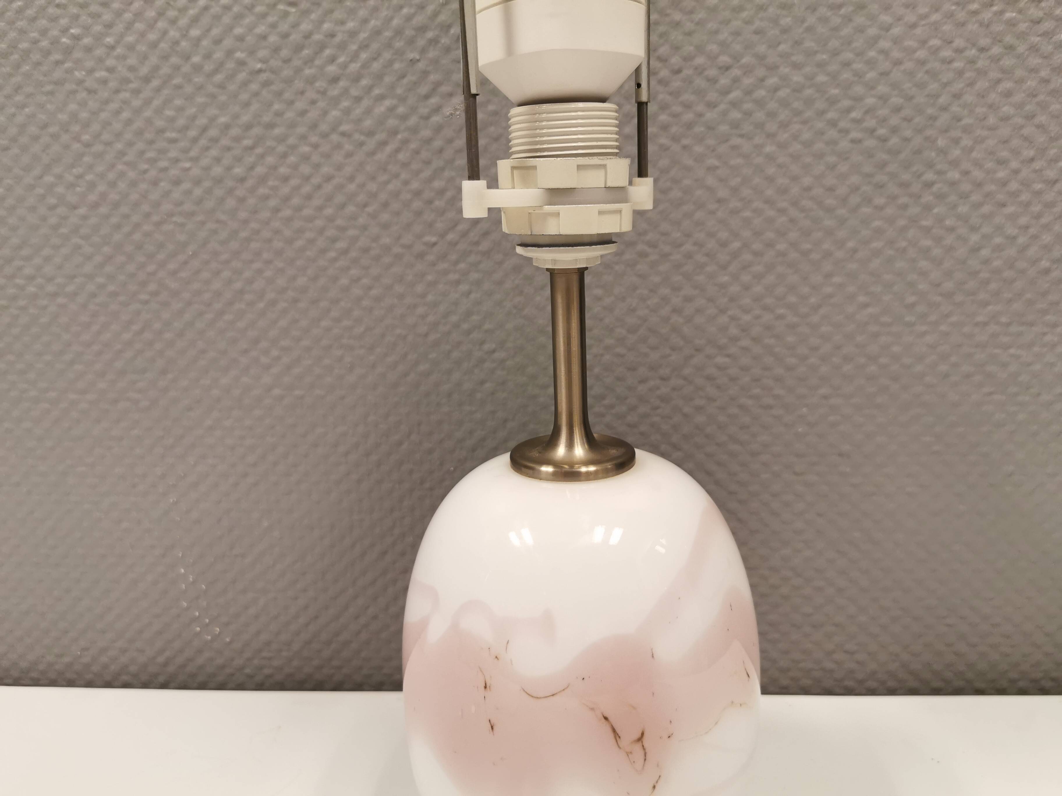 Table lamp in white and rose coloured glass designed by Michael Bang and manufactured by Holmegaard.
