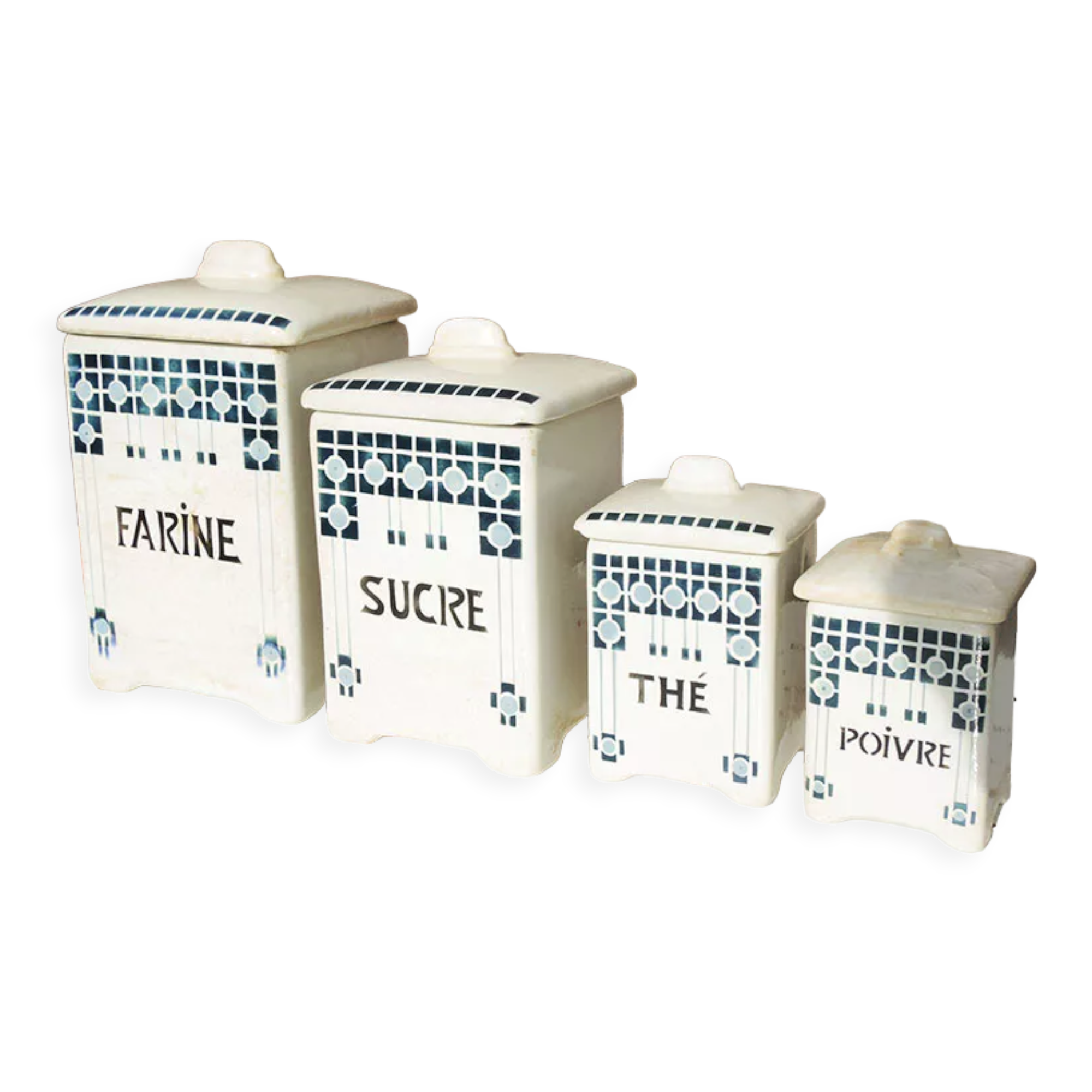 4 old art deco style earthenware kitchen pots
