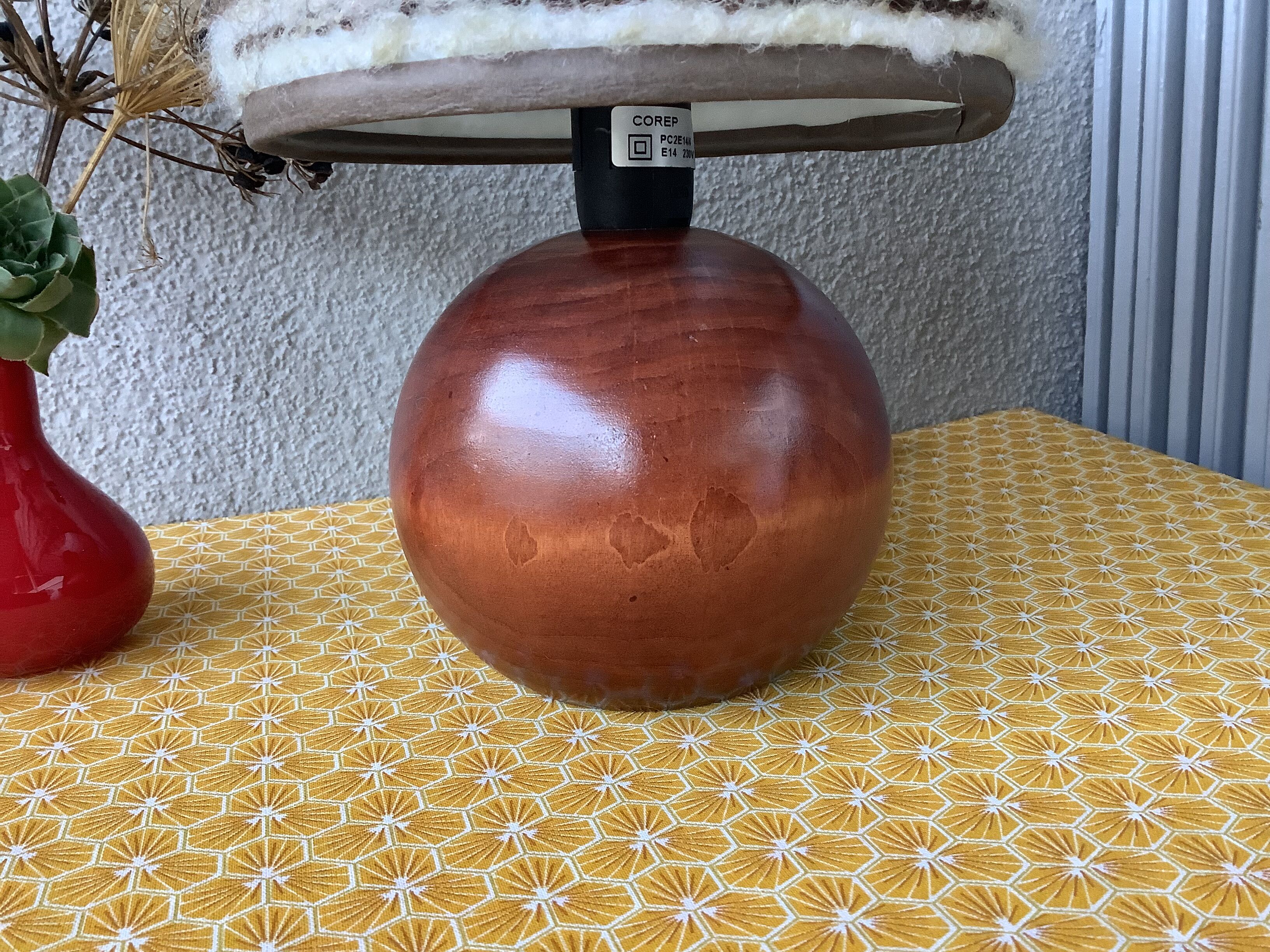 Seventies wood lamp and hippy chic wool lampshade