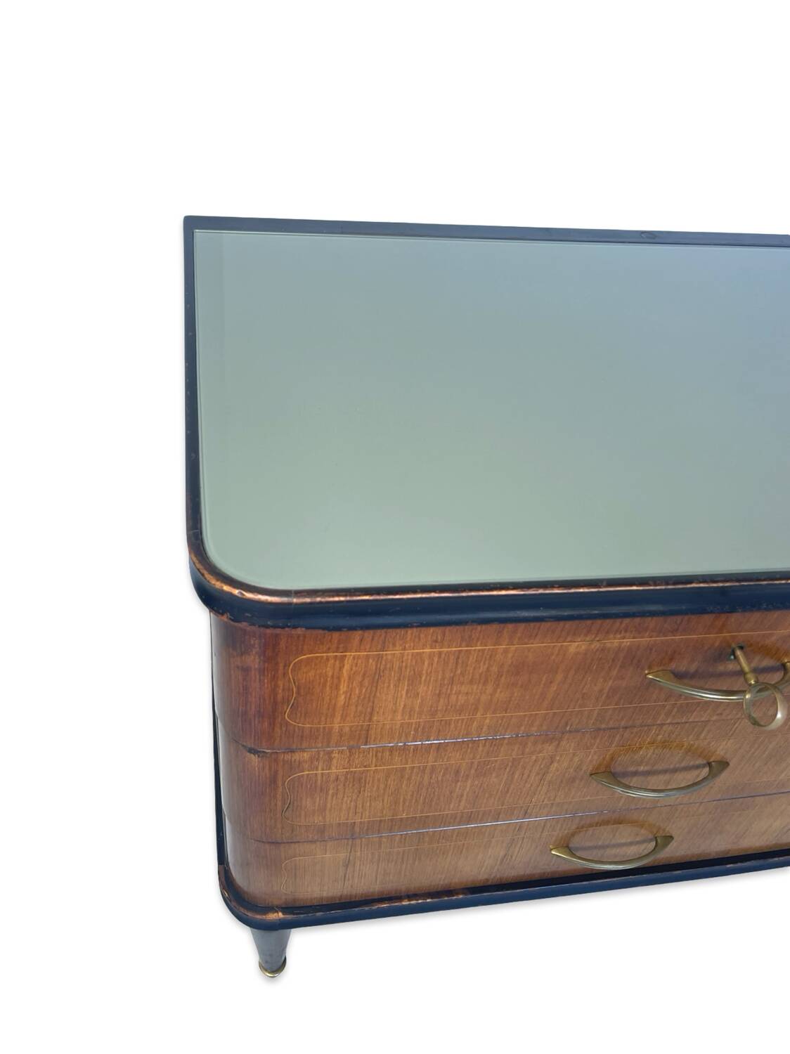 Commode en acajou plaqué avec plateau en verre vert, années 1950