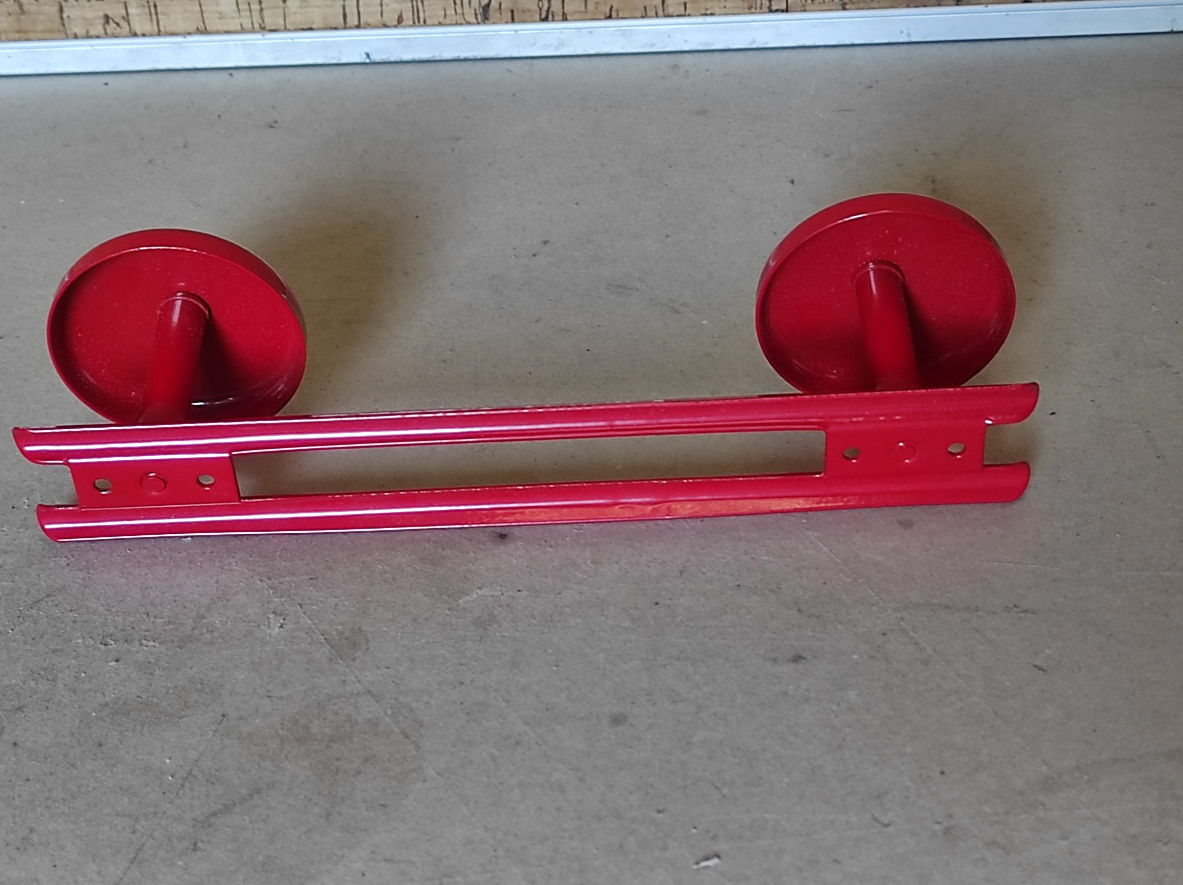 Old vintage wall coat rack 2 round metal hooks lacquered red new