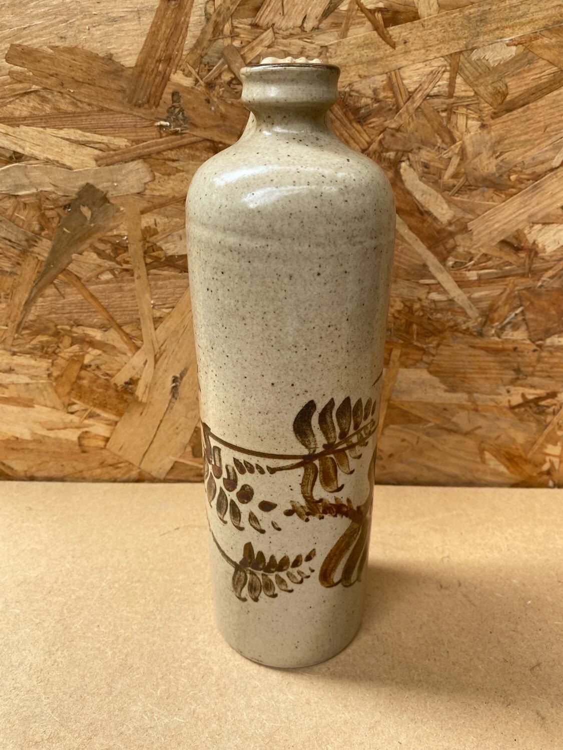 Antique beige enameled ceramic bottle vintage leaf decor