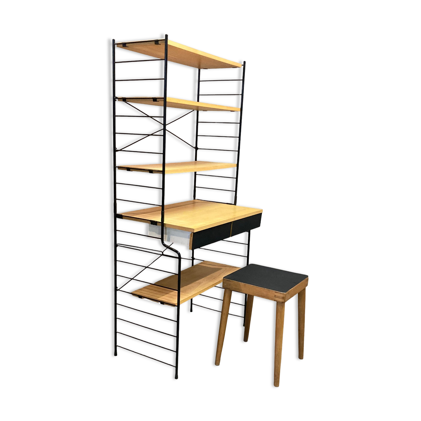 Modular bookcase and stool in black metal and beech, 1960