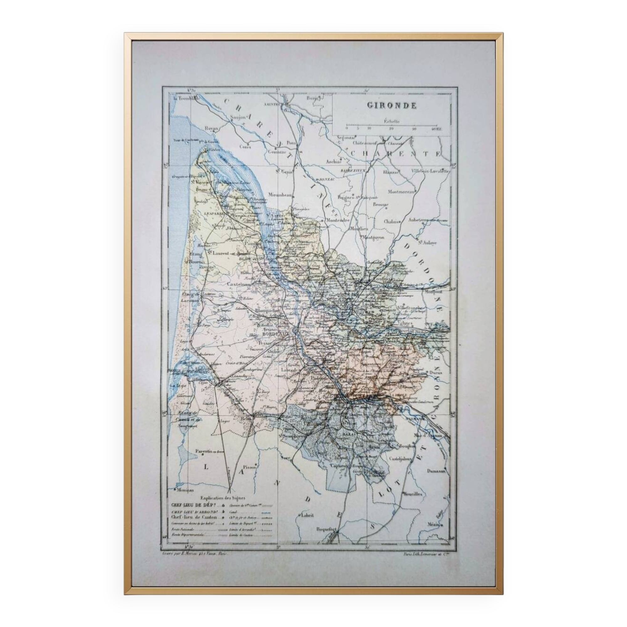 Planche géographique la Gironde, Nouvelle Aquitaine, imprimée en 1889