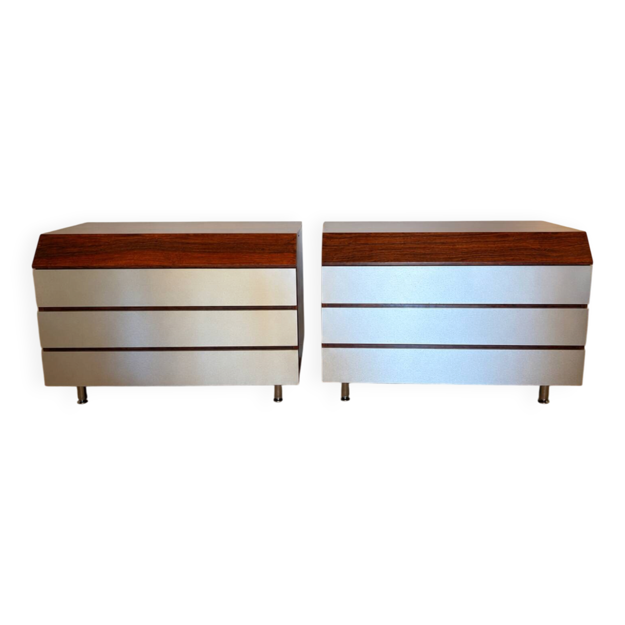 Pair of vintage rosewood and brushed aluminium chests of drawers