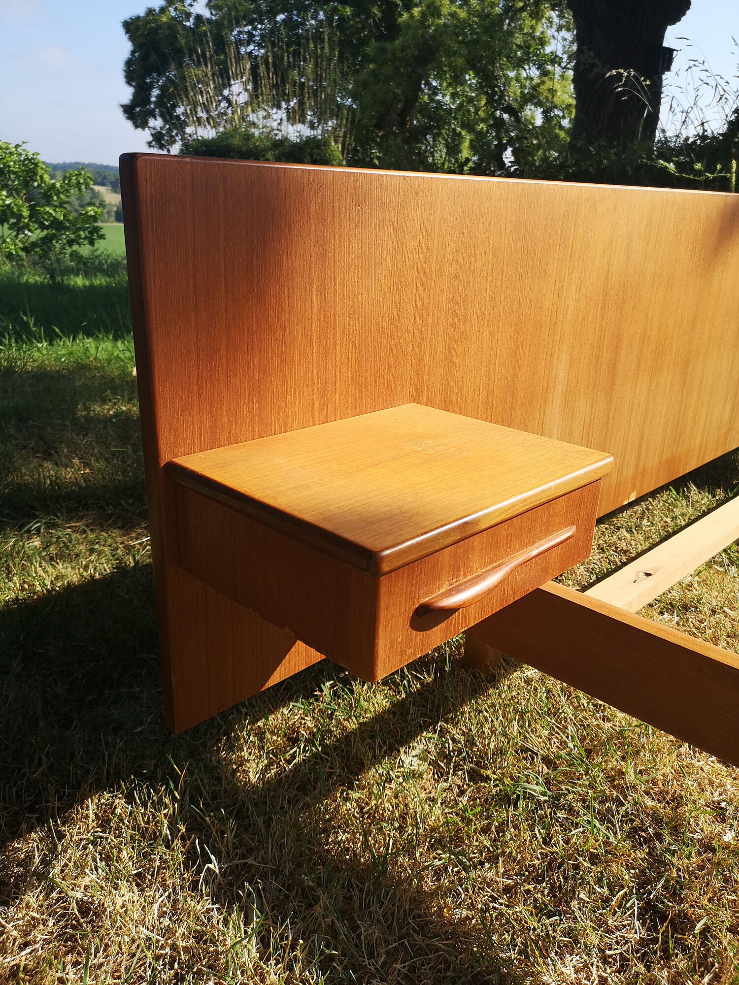 Vintage double double bed Exotic wood built-in hanging bedside tables