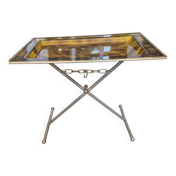 Table basse avec plateau Bakélite ambré motif tortue, Vintage 70's