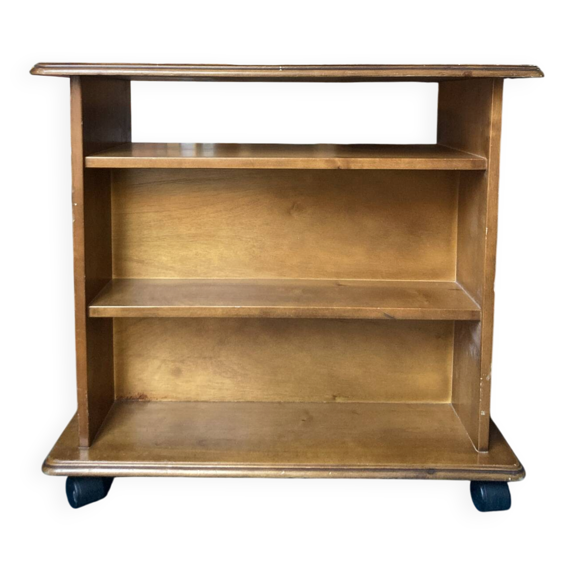 Louis Philippe style bookcase on wheels made of varnished solid wood.