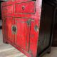 Small antique Chinese buffet (1920-1950) in rustic style, red lacquered, ori