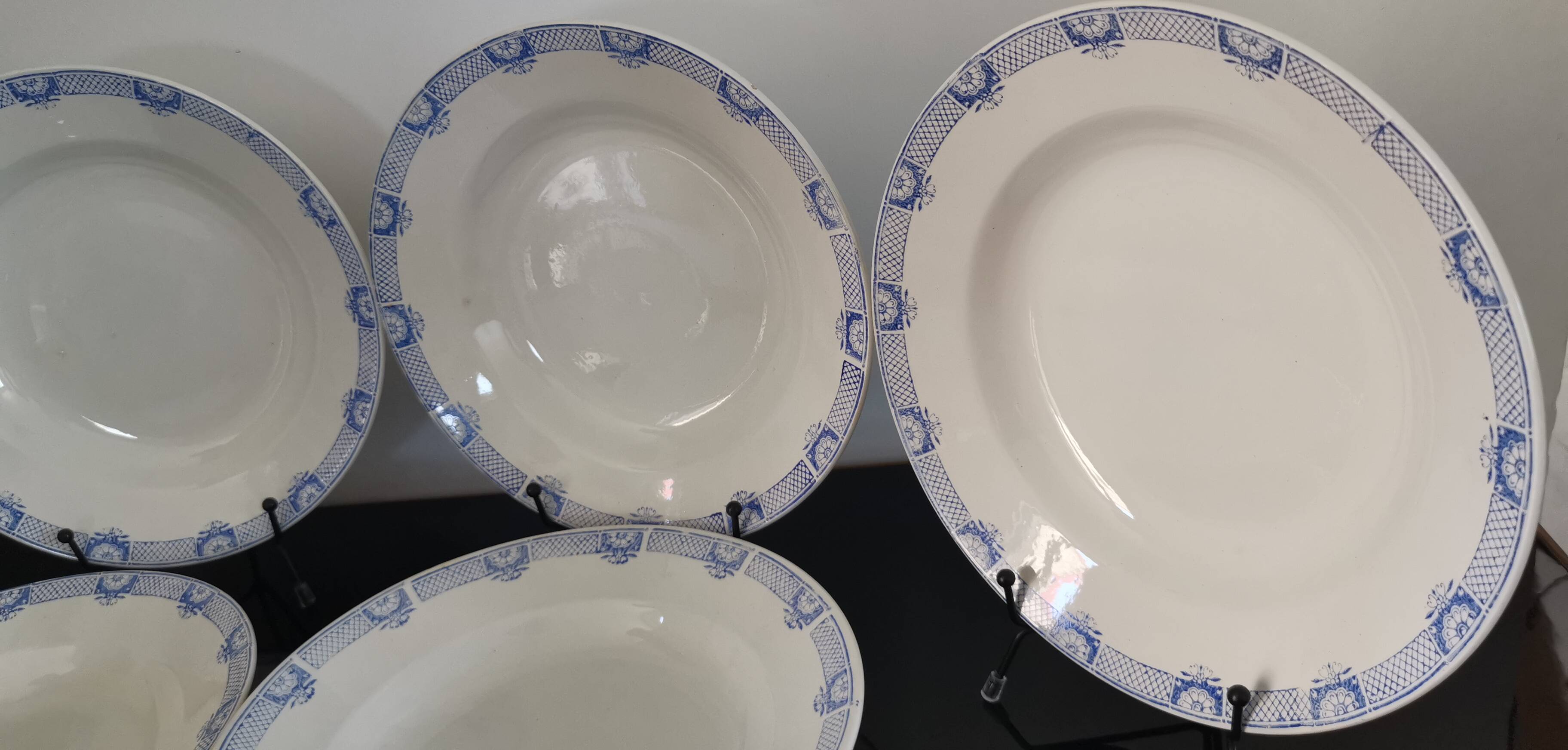 6 Saint Amand and Hamage white/blue earthenware soup plates