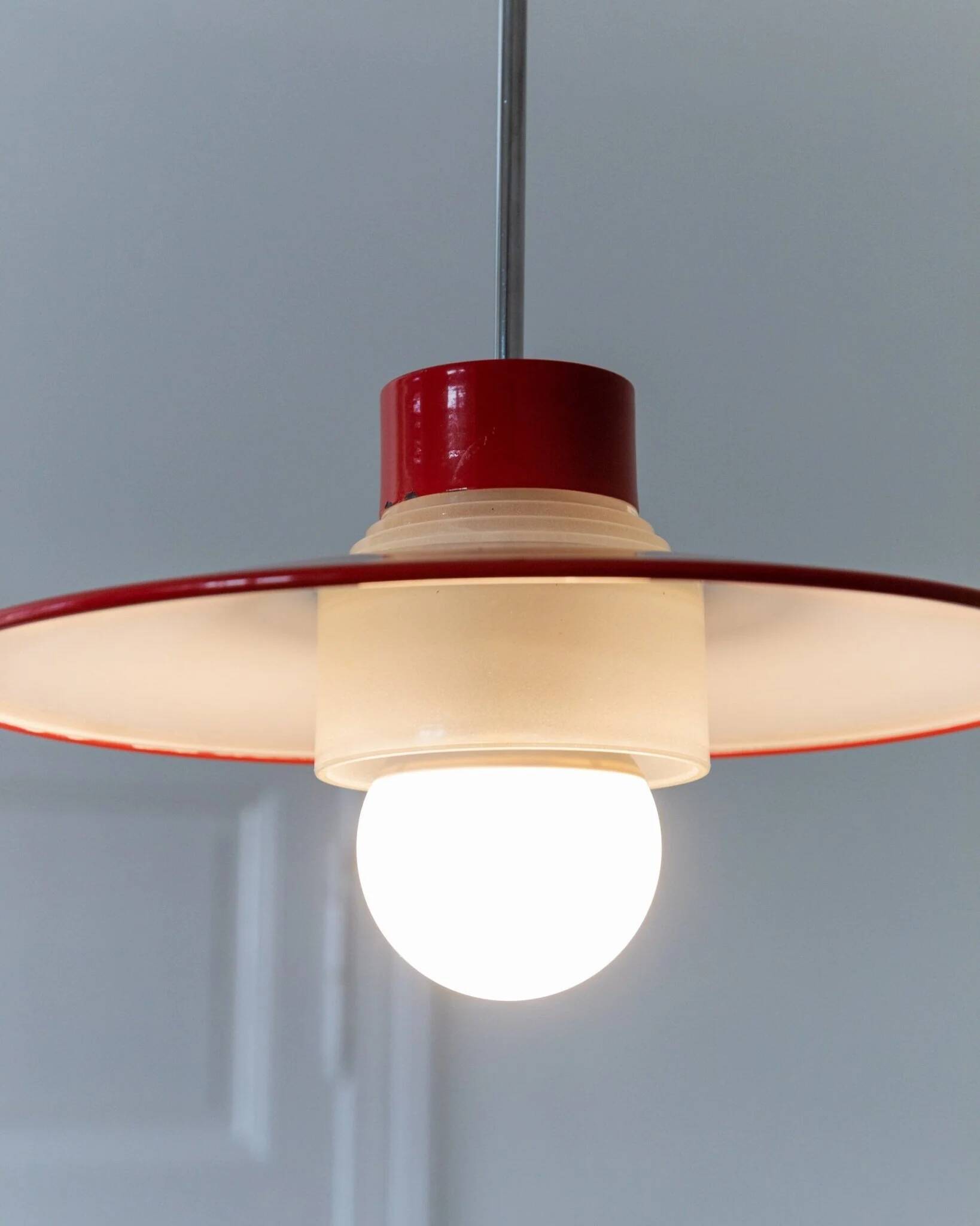 Red metal and glass Danish ceiling light, mid-century Memphis-inspired pendant with opal globe