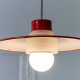 Red metal and glass Danish ceiling light, mid-century Memphis-inspired pendant with opal globe