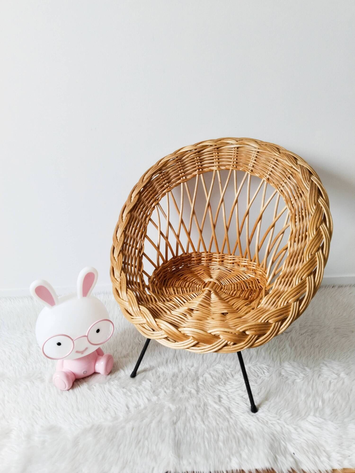 Children's rattan basket armchair, metal compass legs (n2)