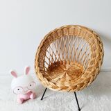 Fauteuil corbeille enfant en rotin, pieds compas métal ( n2)