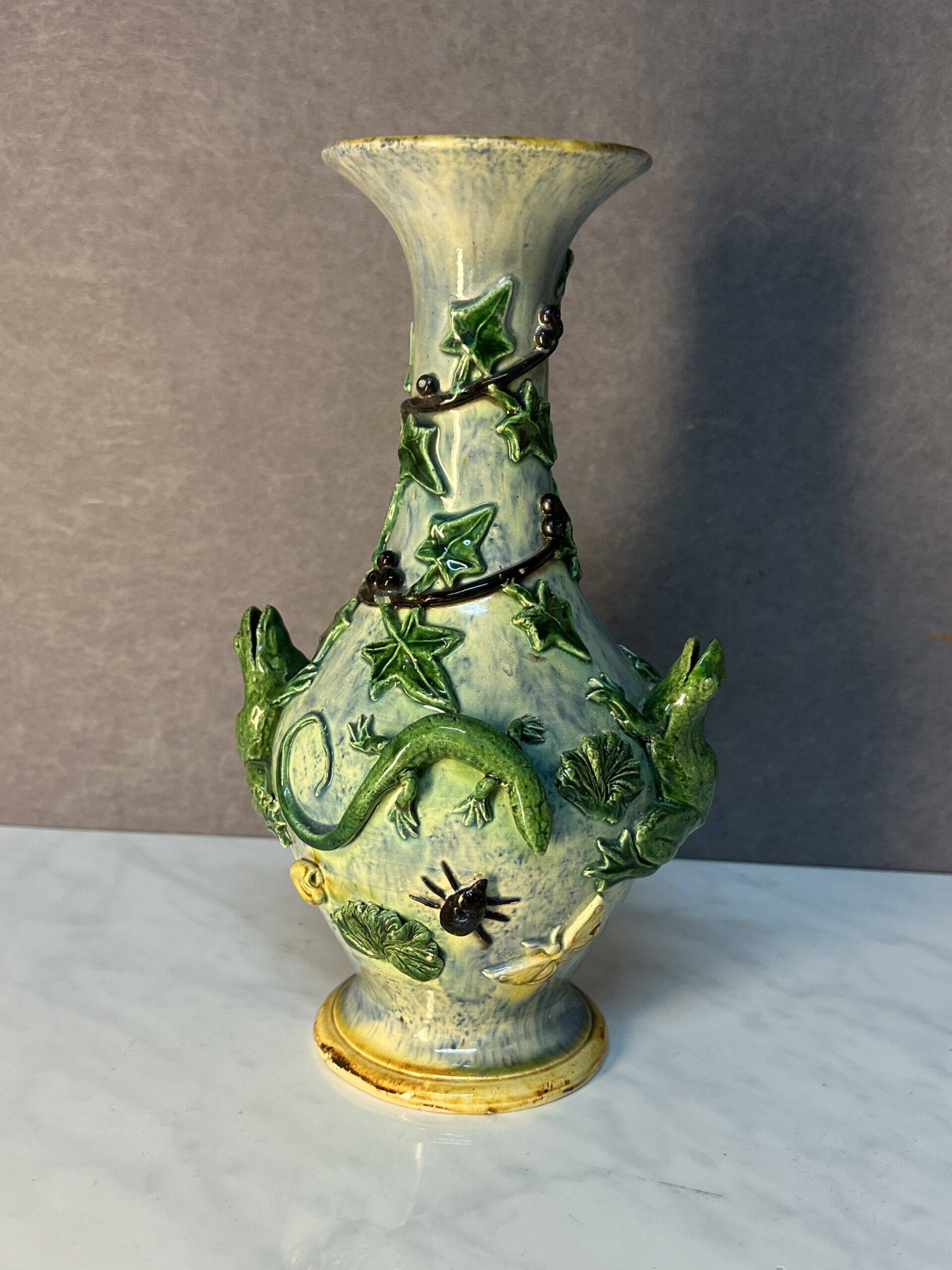 Majolica Palissy vase, dating from the Victorian era circa 1890