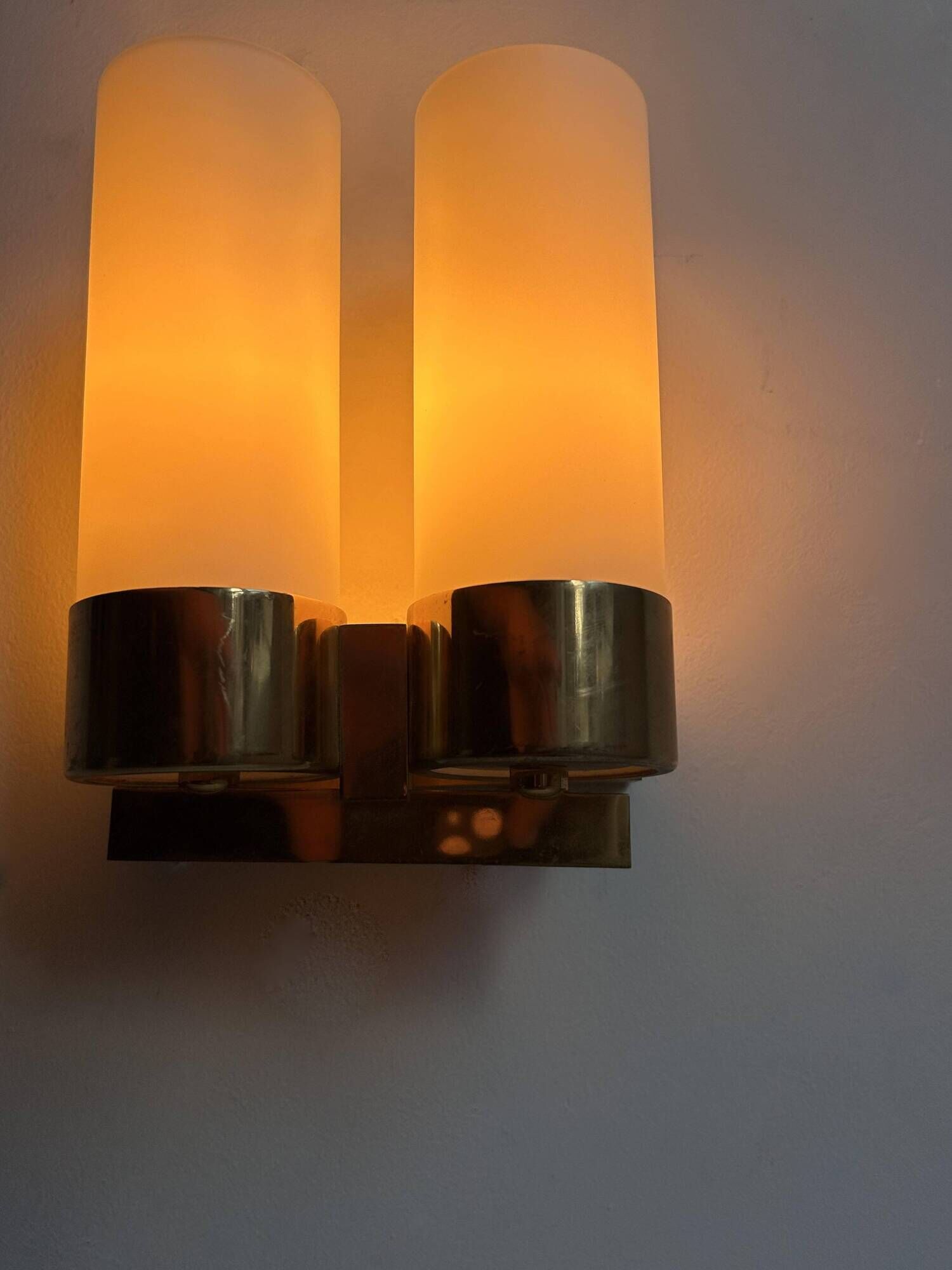 Vintage double wall lamp, brass and opaline, Leuchten Neuhaus Germany 1960