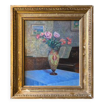 HSP Composition Interior painting with roses, glass paste vase and piano