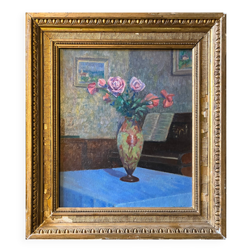HSP Composition Interior painting with roses, glass paste vase and piano