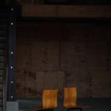 Set of 6 industrial stackable chairs by Niels Larsen, black metal and oak, 1960s.