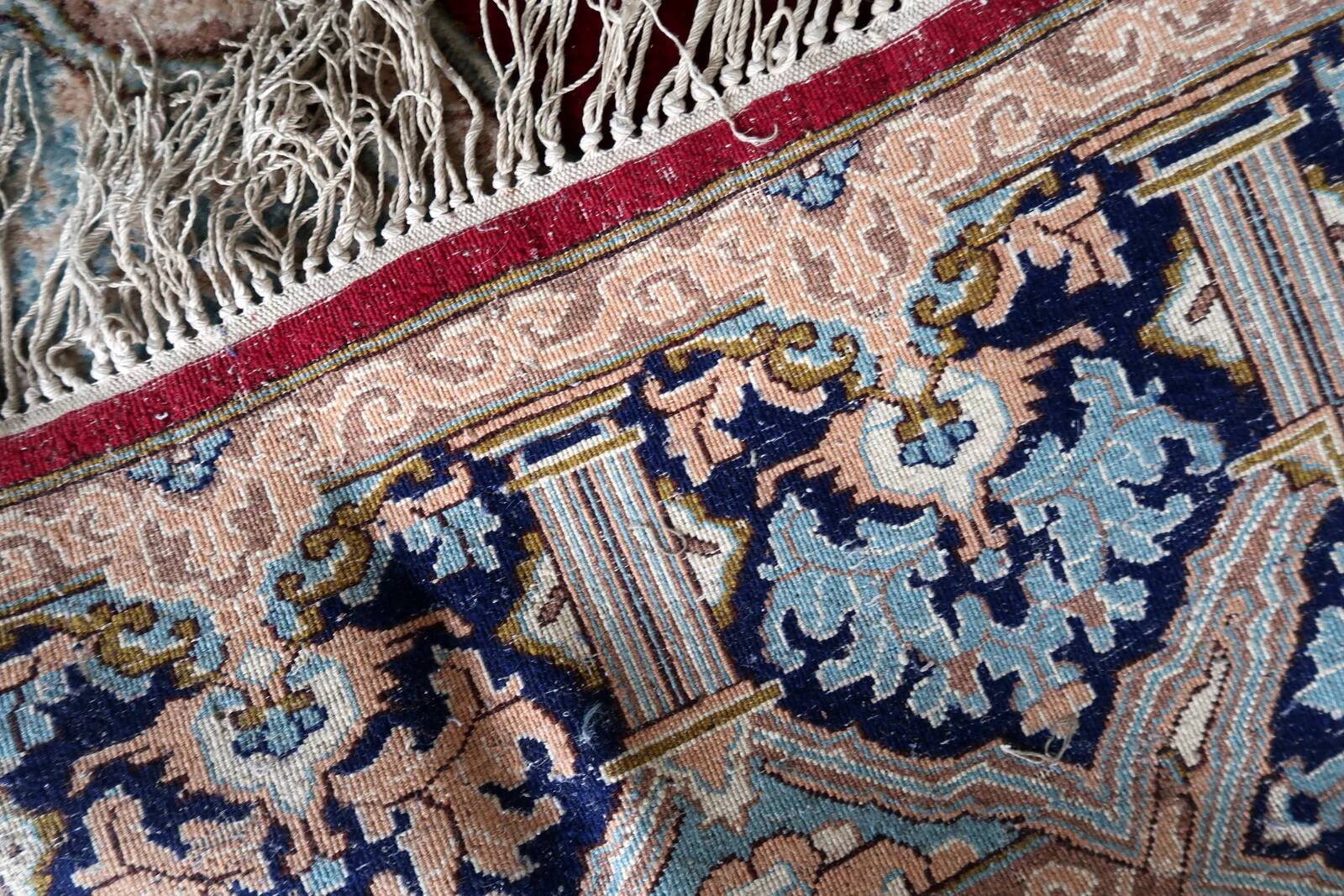 Antique Kerman Kork wool rug, open field medallion, crimson & navy, c. 1930s — 237 × 302 cm — 1C1280