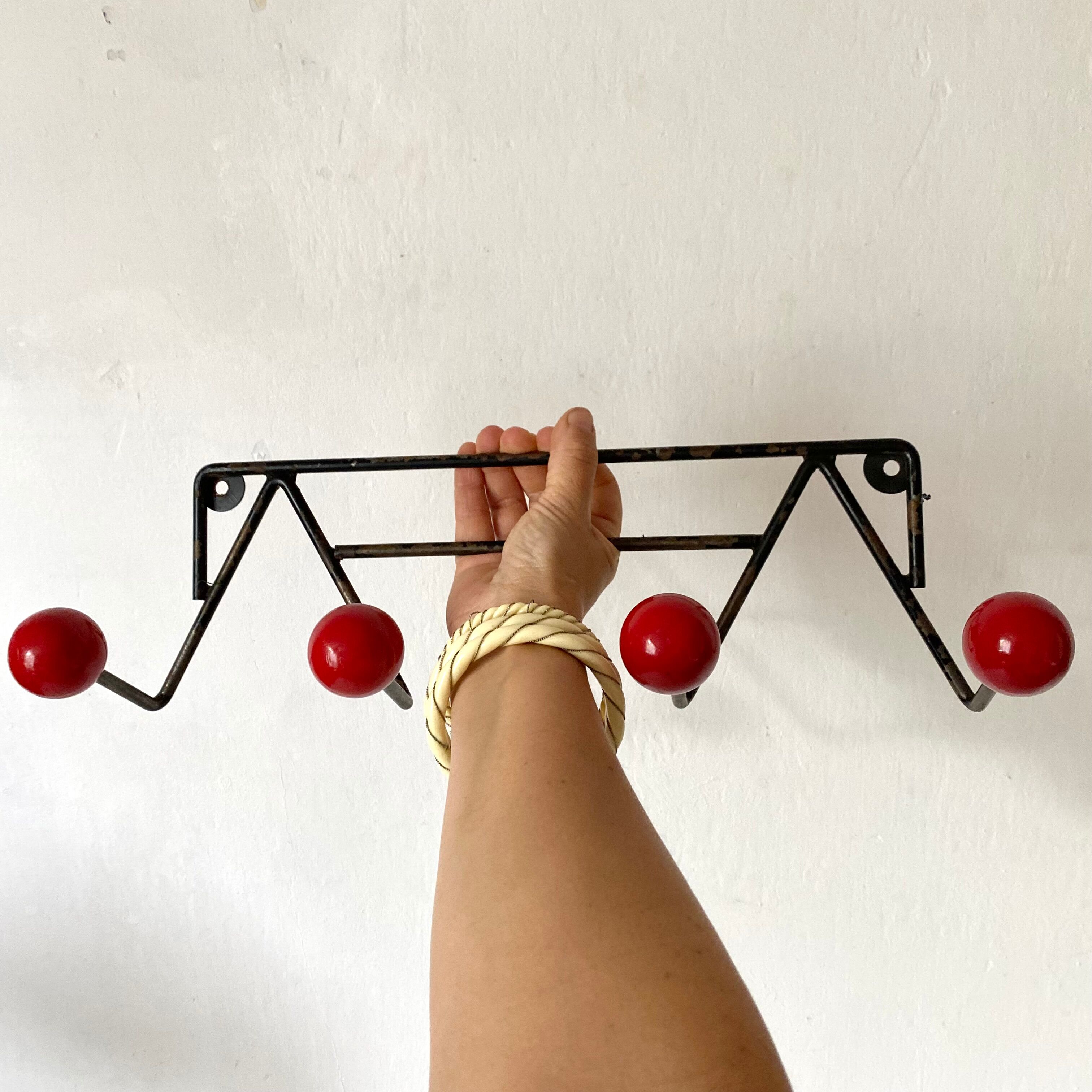 Coat rack metal and wood, 4 hooks, 50s