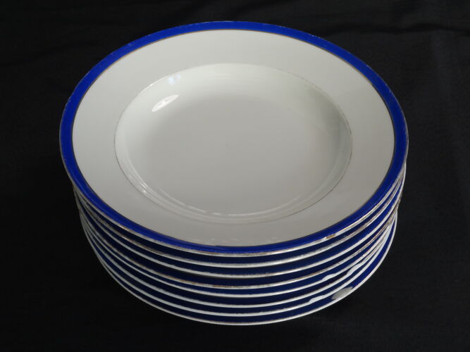 8 assiettes creuses en porcelaine de Limoges, bleu de four, ø 23,5 cm
