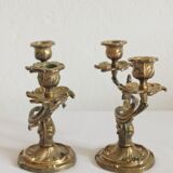 2 vintage gilded brass two-arm candlesticks