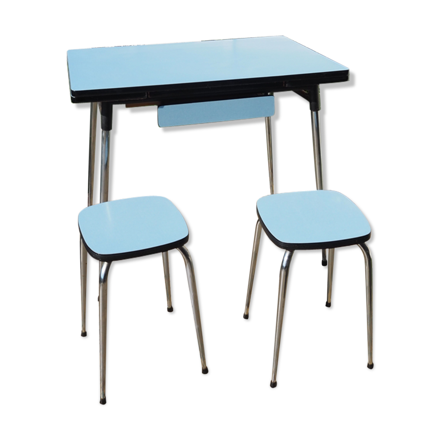 Blue formica table and two stools