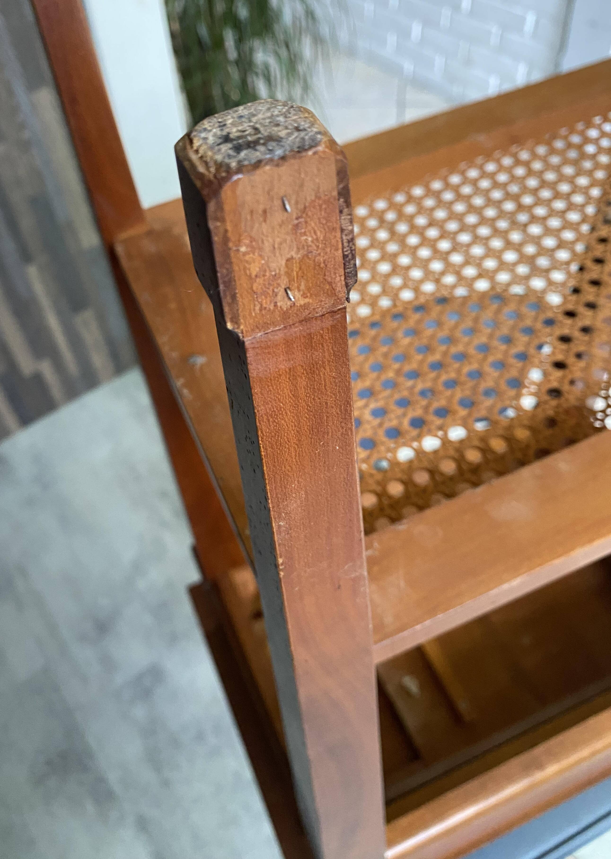 Occasional table in cherry wood, 1 drawer, 1 cane shelf, 1950.