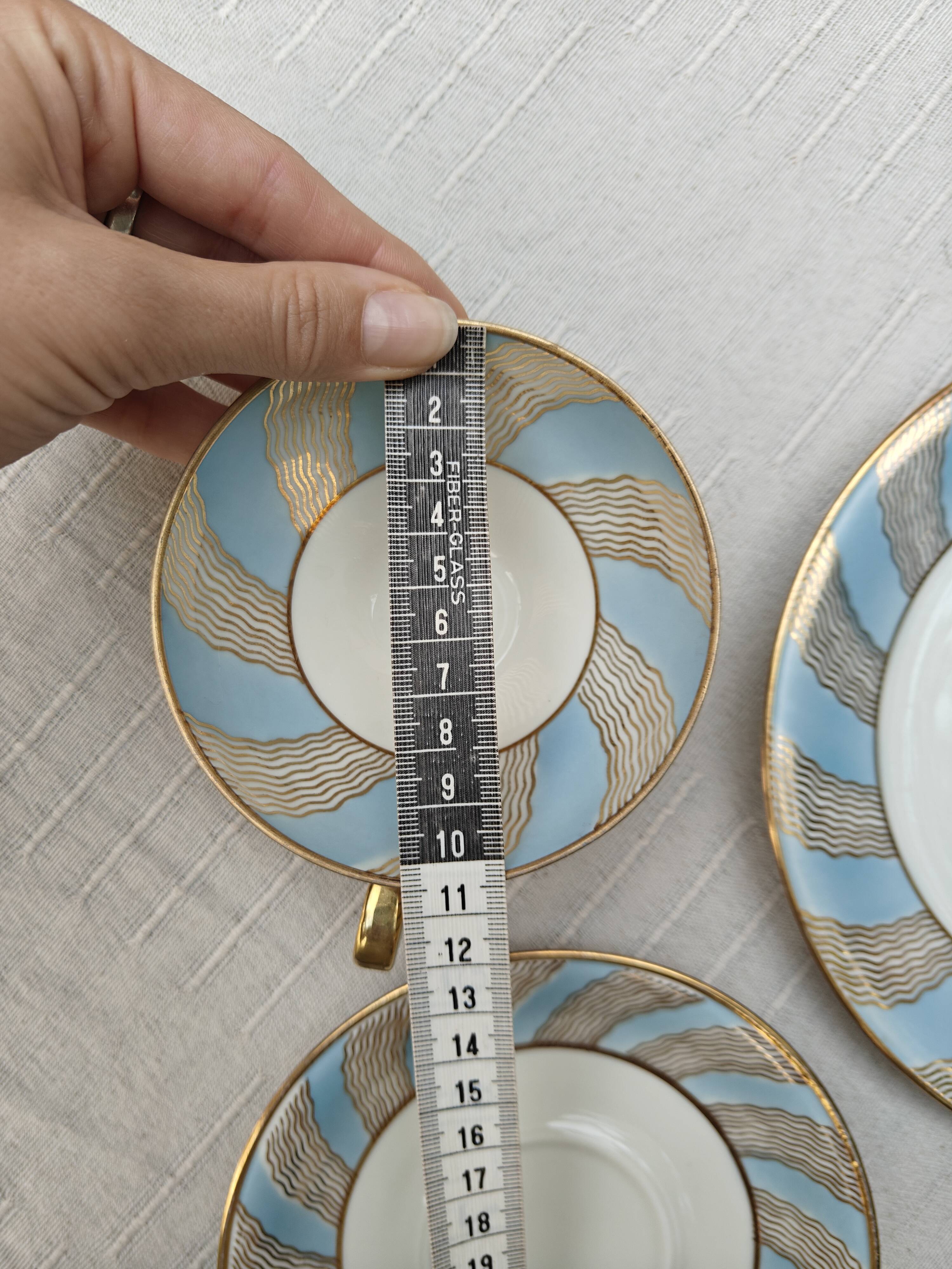 Vintage Bavaria ivory tea/coffee trio, sky blue & gold graphic waves.