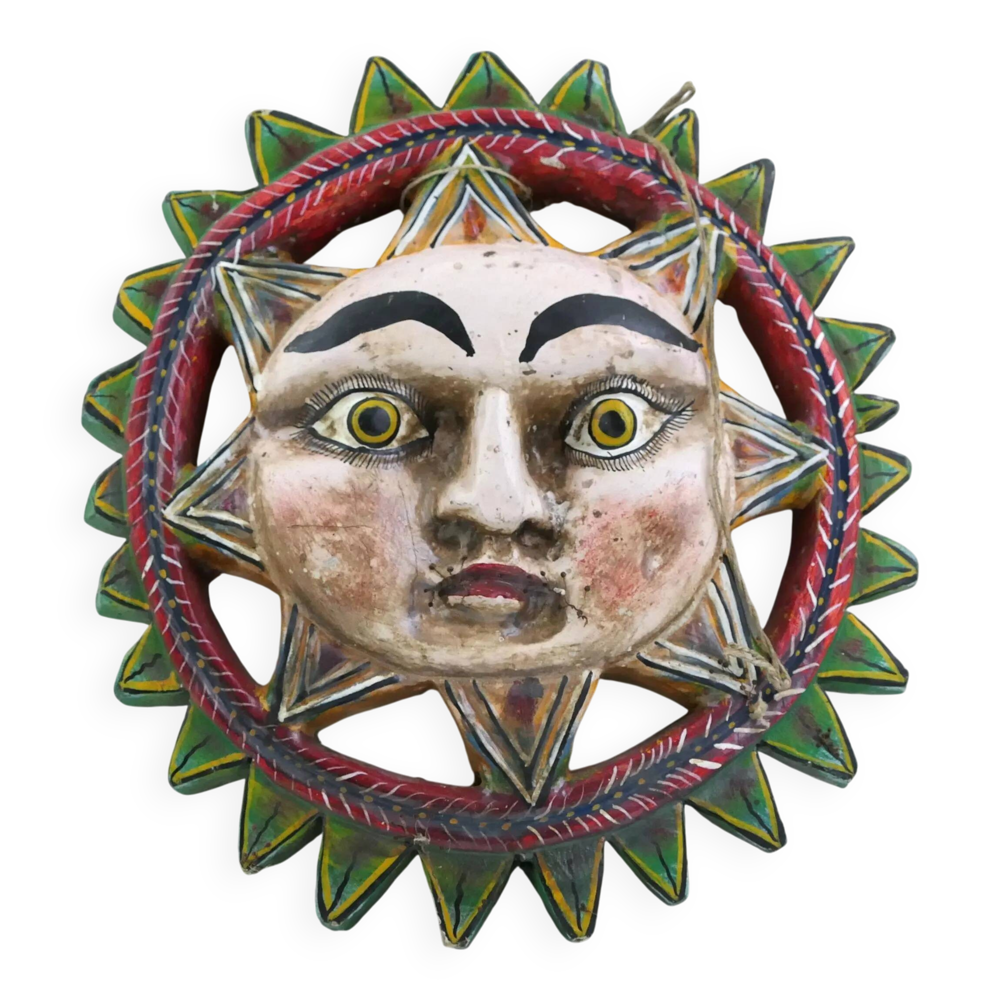 Masque de soleil mexicain vintage en bois sculpté à la main avec laque de couleur vive, art mural décoratif traditionnel rétro d'Amérique du Sud