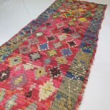 Old Moroccan hallway berber carpet woven with colorful boucherouite hand 210x90 cm