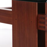 French Brutalist Design coffee table of teak with glass top, 1970