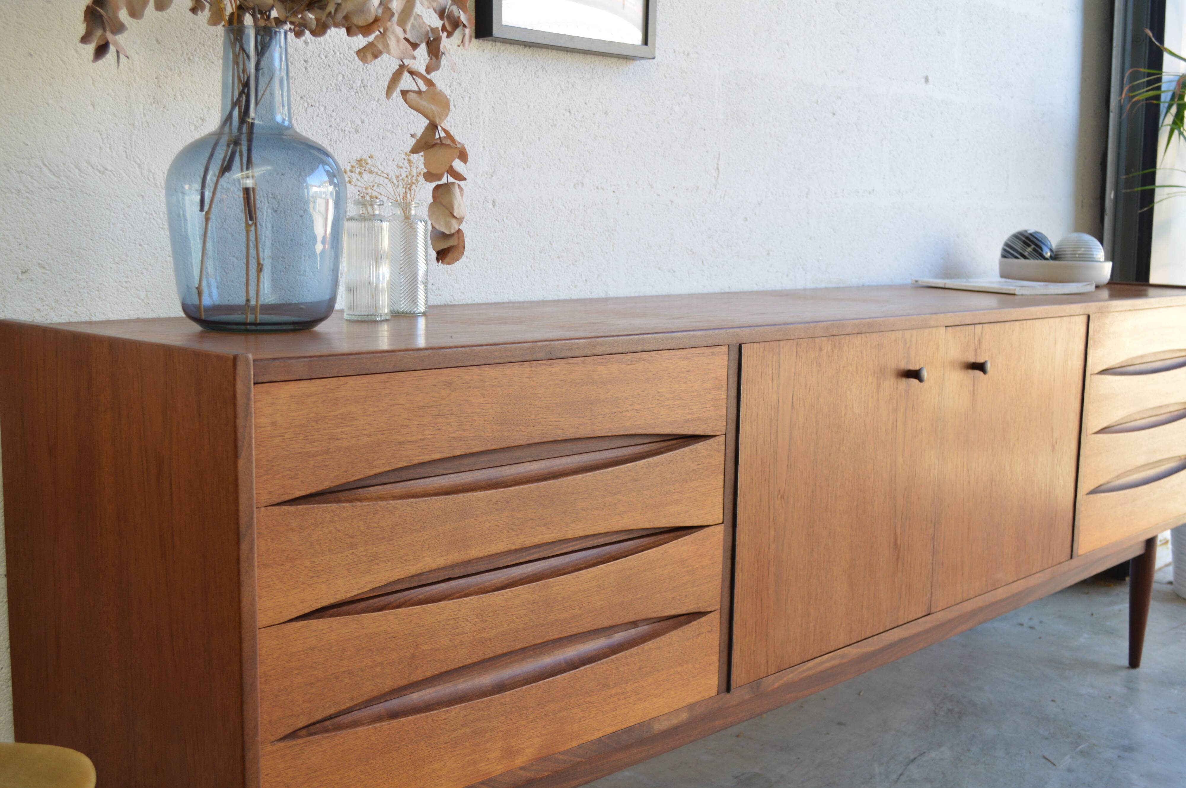 Symmetrical Danish teak sideboard 221cm