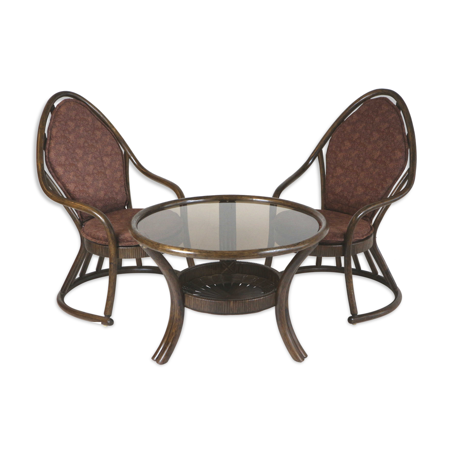 Vintage manou rattan set of 2 armchairs and table with glass top made in the 1970s