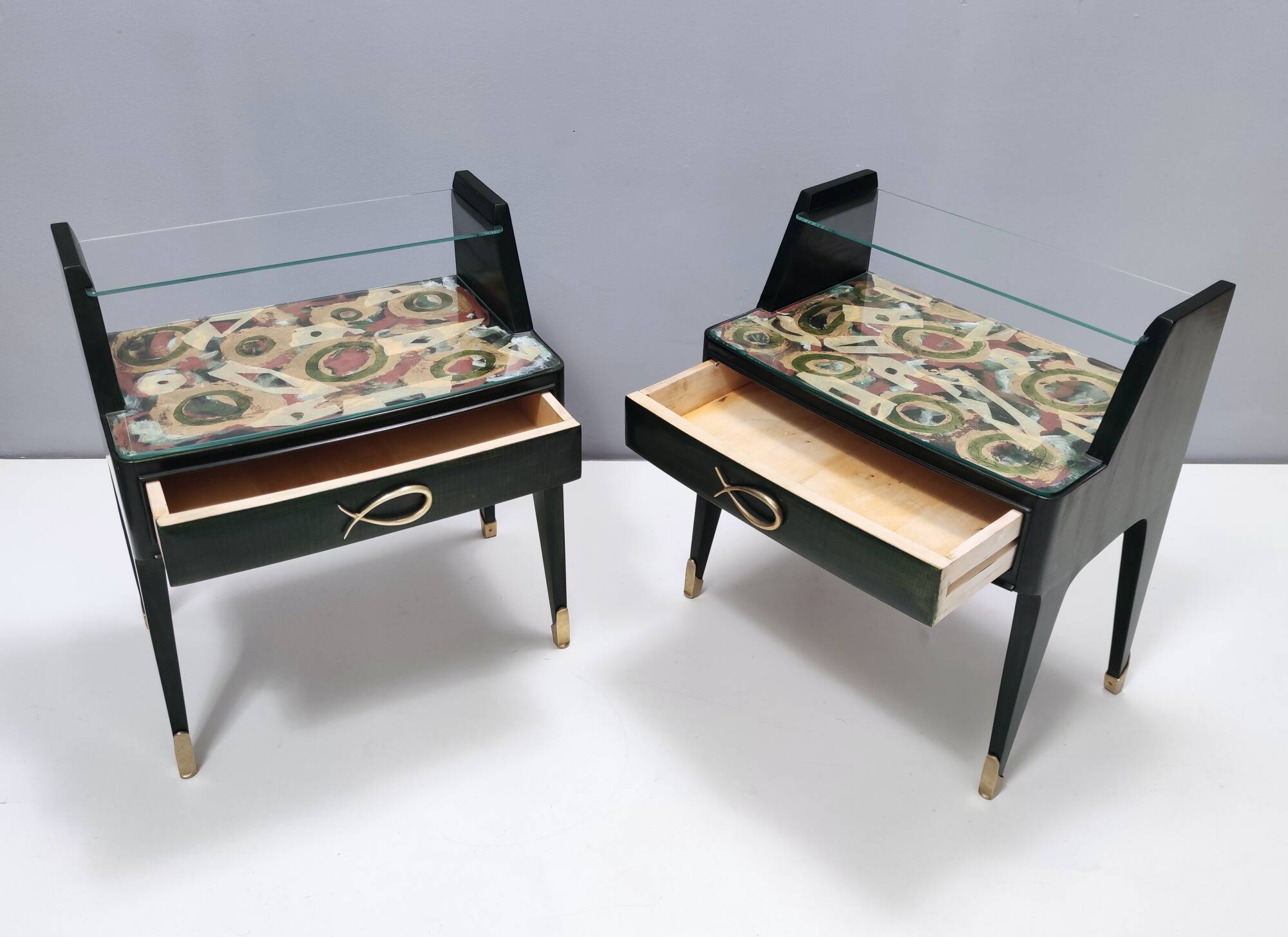 Pair of Dark Green Wooden Nightstands in 1950s Style with a Decorated Top,