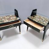 Pair of Dark Green Wooden Nightstands in 1950s Style with a Decorated Top,