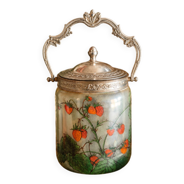 Strawberry-decorated biscuit tin signed JEM