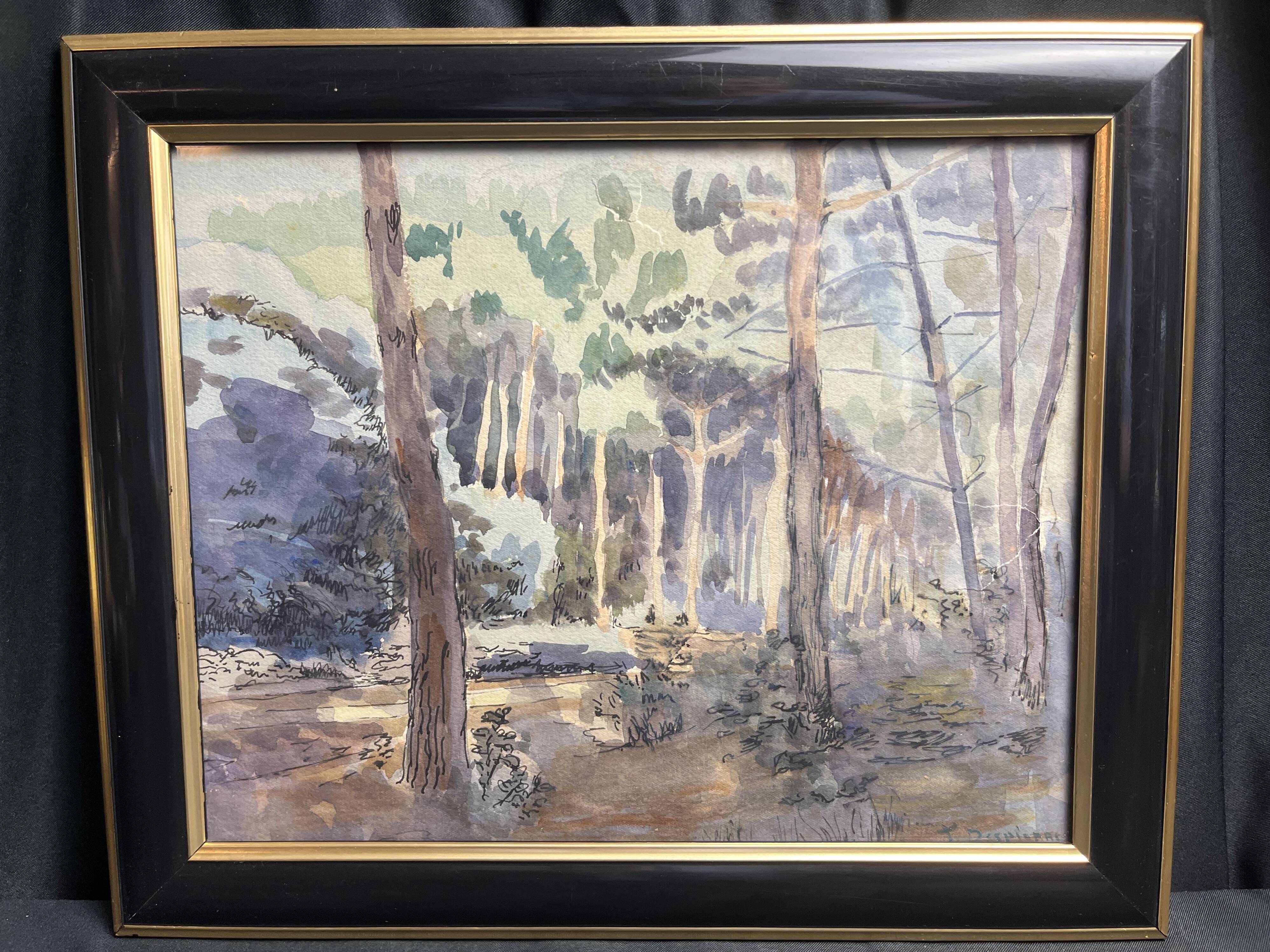 Despierre, Watercolor landscape undergrowth signed frame 20th century